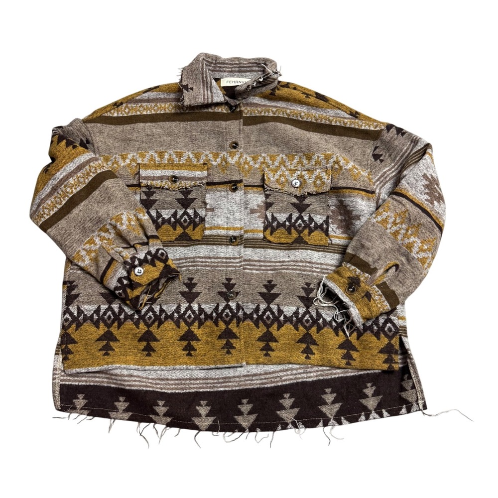 Fehrnvi Southwestern Aztec Print Frayed Hem Shacket Shirt Jacket Size Small